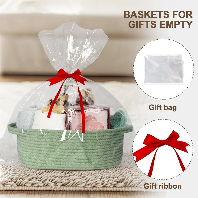 WILLITAT Small Baskets for Gifts Empty, 13"x 9"x 5" Woven Gift Basket with Bag and Ribbon, Cotton Rope Kids Dog Cat Toy Bin Box, Cute Baby Nursery Organizer, Decorative Storage with Handles, Green - Image 2